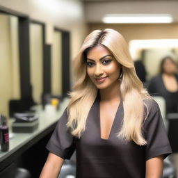 An Indian woman in a salon, getting her hair dyed blonde