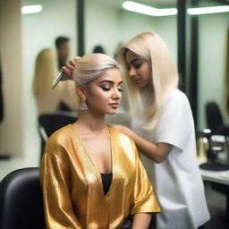 An Indian woman in a salon, getting her hair dyed blonde