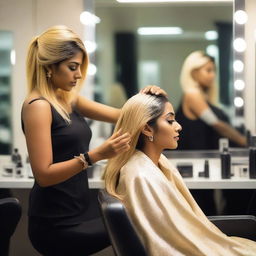 An Indian woman in a salon, getting her hair dyed blonde