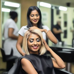 An Indian woman in a salon, getting her hair dyed blonde