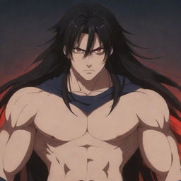 A teenage anime character with a slightly muscular build, furious red eyes, and long dark hair, emanating dark magic. He is outfitted in traditional warrior attire.