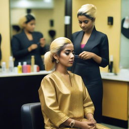 An Indian woman in a salon, having her hair dyed blonde against her will