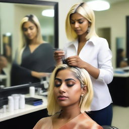 An Indian woman in a salon, having her hair dyed blonde against her will