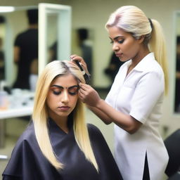 An Indian woman in a salon, having her hair dyed blonde against her will