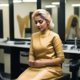 An Indian woman in a salon, having her hair dyed blonde against her will