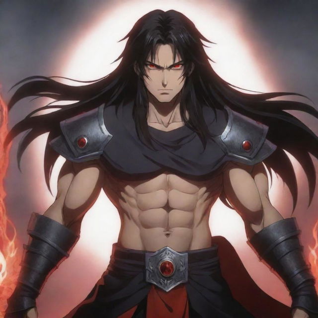 A teenage anime character with a slightly muscular build, furious red eyes, and long dark hair, emanating dark magic. He is outfitted in traditional warrior attire.