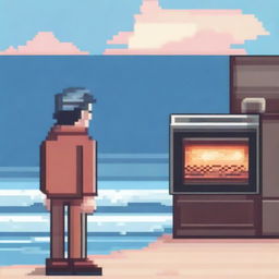 A pixel art illustration of a person looking out into the distance of the ocean with an oven nearby