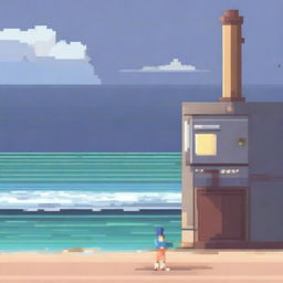 A pixel art illustration of a person looking out into the distance of the ocean with an oven nearby