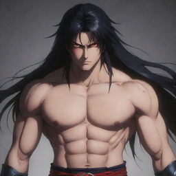 A teenage anime character with a slightly muscular build, furious red eyes, and long dark hair, emanating dark magic. He is outfitted in traditional warrior attire.