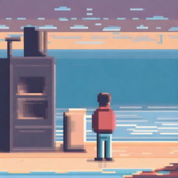 A pixel art illustration of a person looking out into the distance of the ocean with an oven nearby