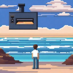 A pixel art illustration of a person looking out into the distance of the ocean with an oven nearby