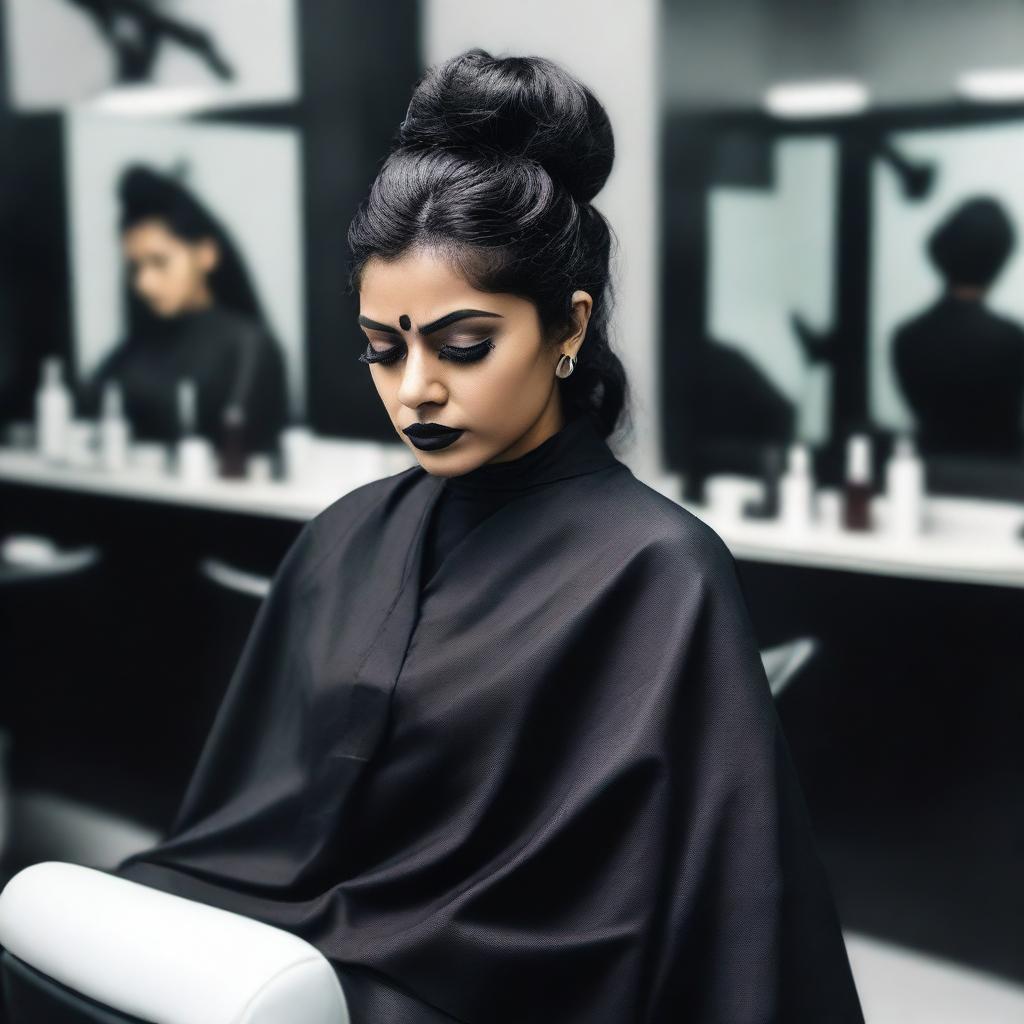 An Indian woman with a gothic style, dressed in dark and edgy clothing, is in a salon being forced to get a haircut