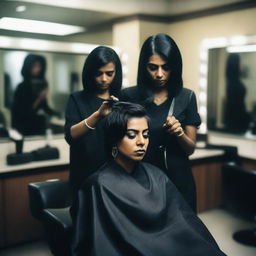 An Indian woman with a gothic style, dressed in dark and edgy clothing, is in a salon being forced to get a haircut