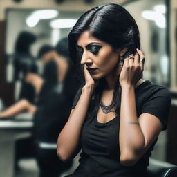 An Indian woman with a gothic style, dressed in dark and edgy clothing, is in a salon being forced to get a haircut