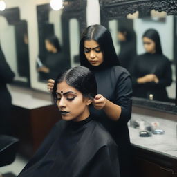 An Indian woman with a gothic style, dressed in dark and edgy clothing, is in a salon being forced to get a haircut