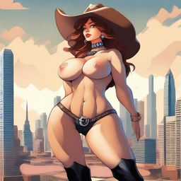 Create an image of a gigantic anthropomorphic cow girl with massive curves and huge breasts