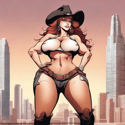 Create an image of a gigantic anthropomorphic cow girl with massive curves and huge breasts