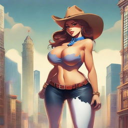 Create an image of a gigantic anthropomorphic cow girl with massive curves and huge breasts