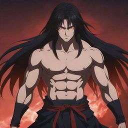 A teenage anime character with a slightly muscular build, furious red eyes, and long dark hair, emanating dark magic. He is outfitted in traditional warrior attire.