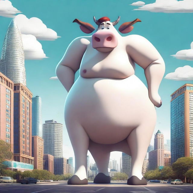 Create an image of a gigantic anthropomorphic cow with massive curves and huge breasts