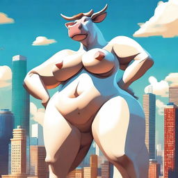 Create an image of a gigantic anthropomorphic cow with massive curves and huge breasts