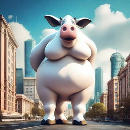 Create an image of a gigantic anthropomorphic cow with massive curves and huge breasts