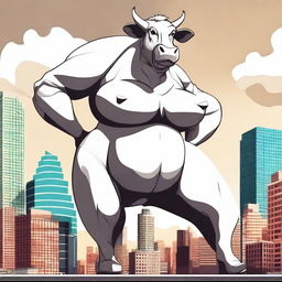 Create an image of a gigantic anthropomorphic cow with massive curves and huge breasts