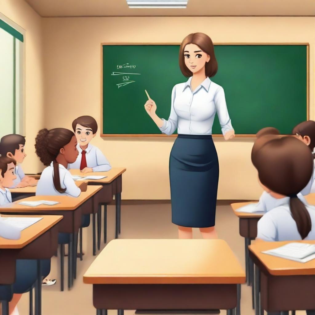 A realistic depiction of a girl with a perfect body standing in a classroom as the teacher explains a lesson