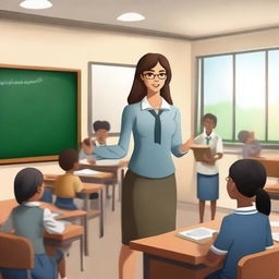 A realistic depiction of a girl with a perfect body standing in a classroom as the teacher explains a lesson