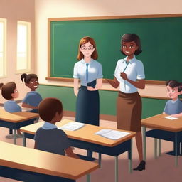 A realistic depiction of a girl with a perfect body standing in a classroom as the teacher explains a lesson