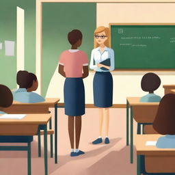 A realistic depiction of a girl with a perfect body standing in a classroom as the teacher explains a lesson