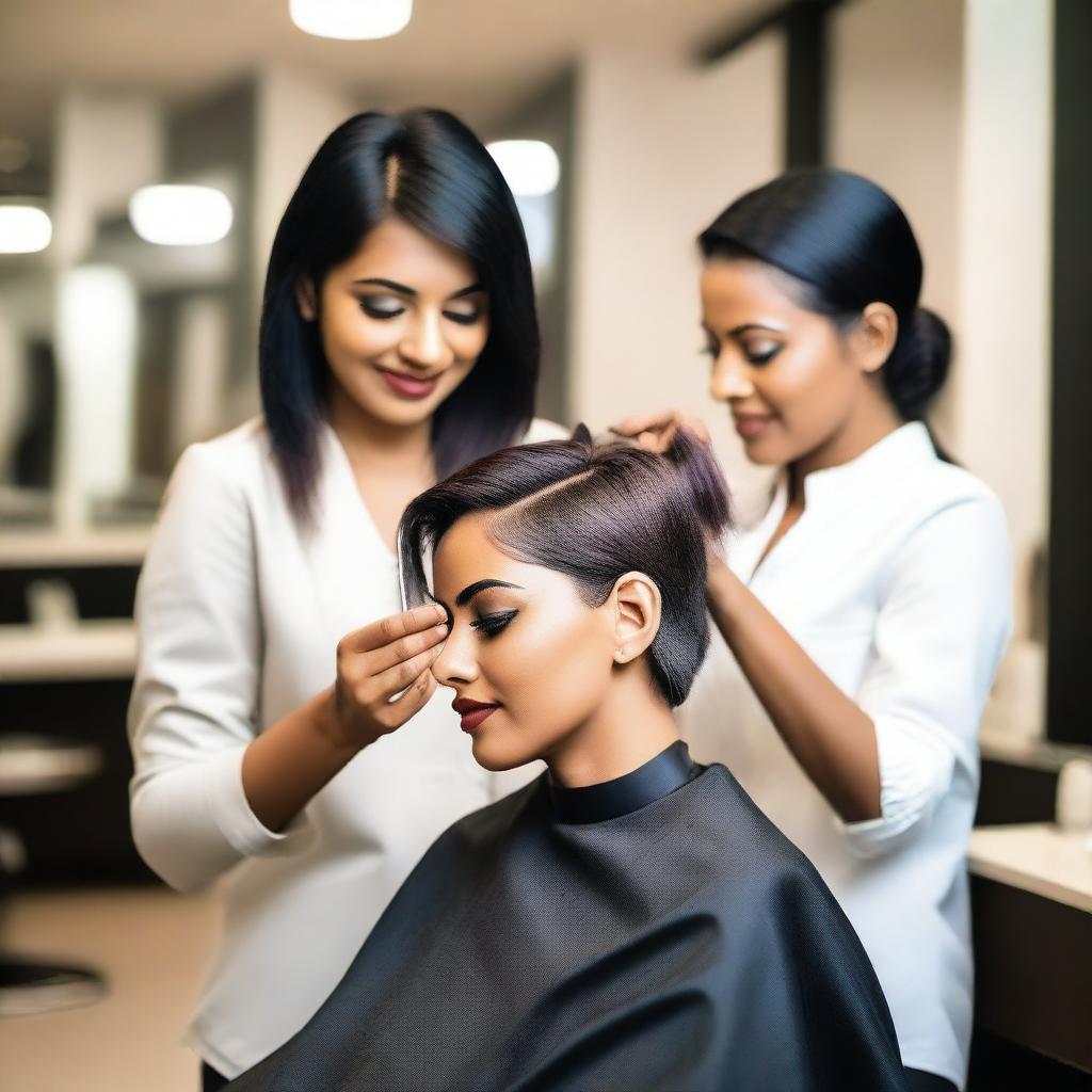 An Indian woman getting a stylish haircut in a modern salon