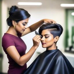 An Indian woman getting a stylish haircut in a modern salon