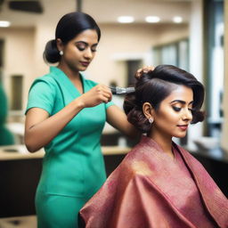 An Indian woman getting a stylish haircut in a modern salon