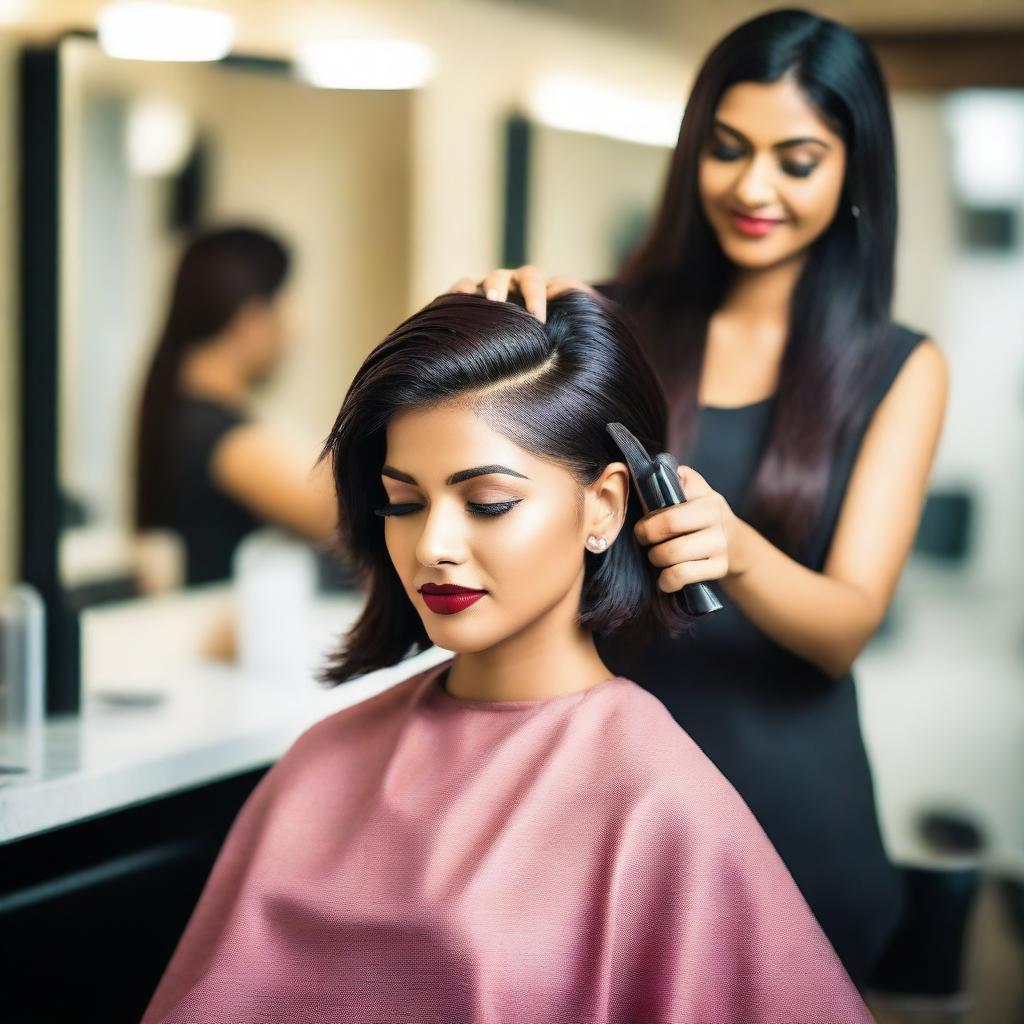 An Indian woman getting a stylish haircut in a modern salon