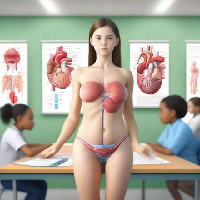 A realistic depiction of a girl with a perfect body standing in an adult biology class