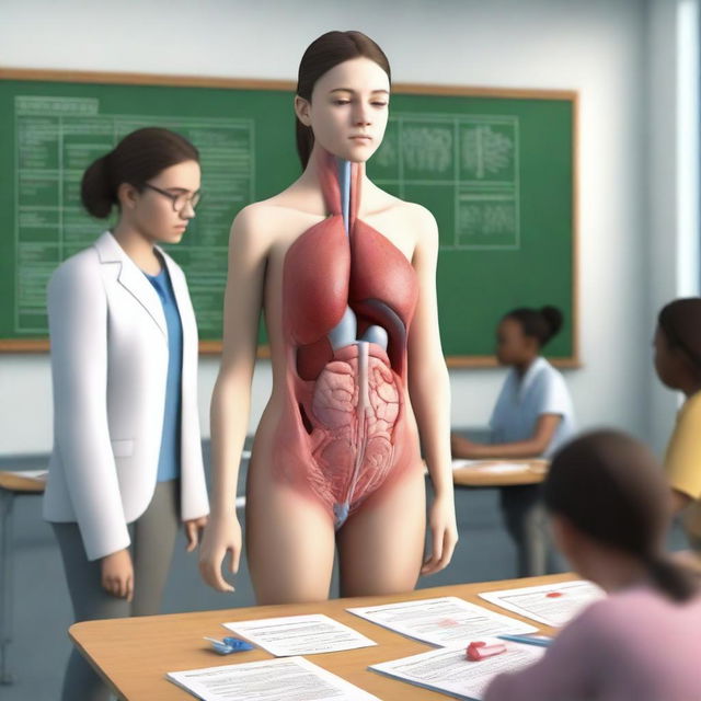 A realistic depiction of a girl standing in an adult biology class where her body is used to explain female organs