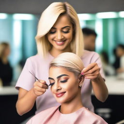 An Indian woman getting a stylish blonde haircut in a modern salon