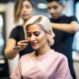 An Indian woman getting a stylish blonde haircut in a modern salon