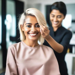 An Indian woman getting a stylish blonde haircut in a modern salon