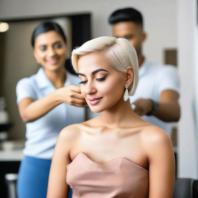 An Indian woman getting a stylish blonde haircut in a modern salon