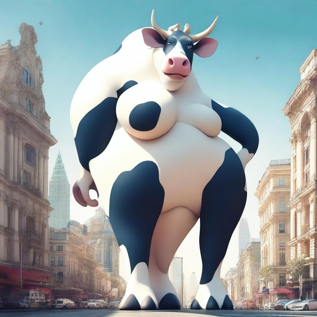 Create an image of a gigantic anthropomorphic cow with massive curves and huge breasts