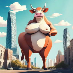 Create an image of a gigantic anthropomorphic cow with massive curves and huge breasts