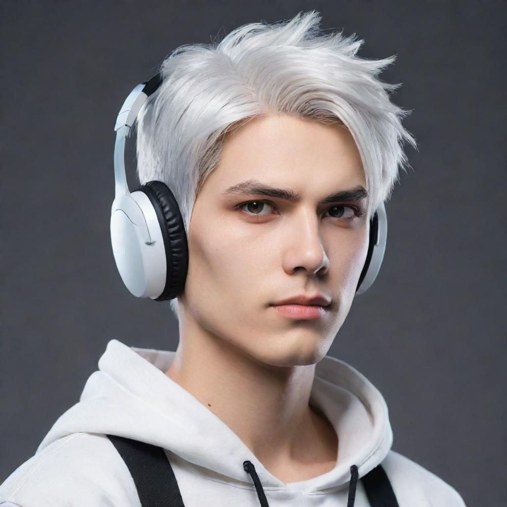 Anime-inspired, non-realistic male character with a well-defined jawline, white hair styled in a low taper fade with two-block cut, mesmerizing Gojo-like eyes, and sporting stylish gaming headphones.