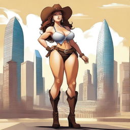 Create an image of a gigantic anthropomorphic cow girl with massive curves, huge breasts, and wide hips