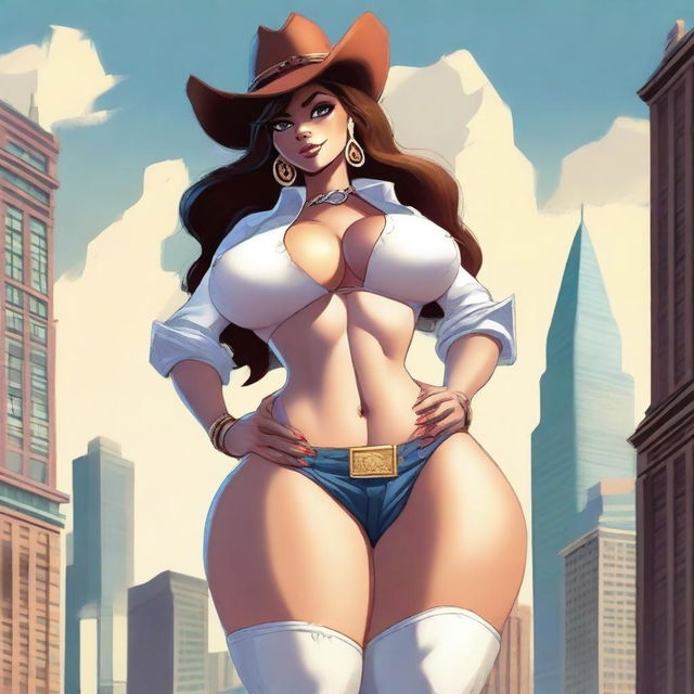 Create an image of a gigantic anthropomorphic cow girl with massive curves, huge breasts, and wide hips