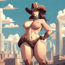 Create an image of a gigantic anthropomorphic cow girl with massive curves, huge breasts, and wide hips