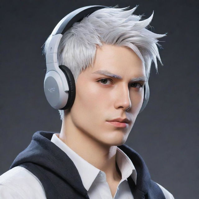 Anime-inspired, non-realistic male character with a well-defined jawline, white hair styled in a low taper fade with two-block cut, mesmerizing Gojo-like eyes, and sporting stylish gaming headphones.