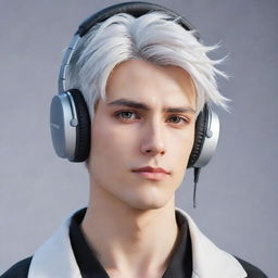 Anime-inspired, non-realistic male character with a well-defined jawline, white hair styled in a low taper fade with two-block cut, mesmerizing Gojo-like eyes, and sporting stylish gaming headphones.