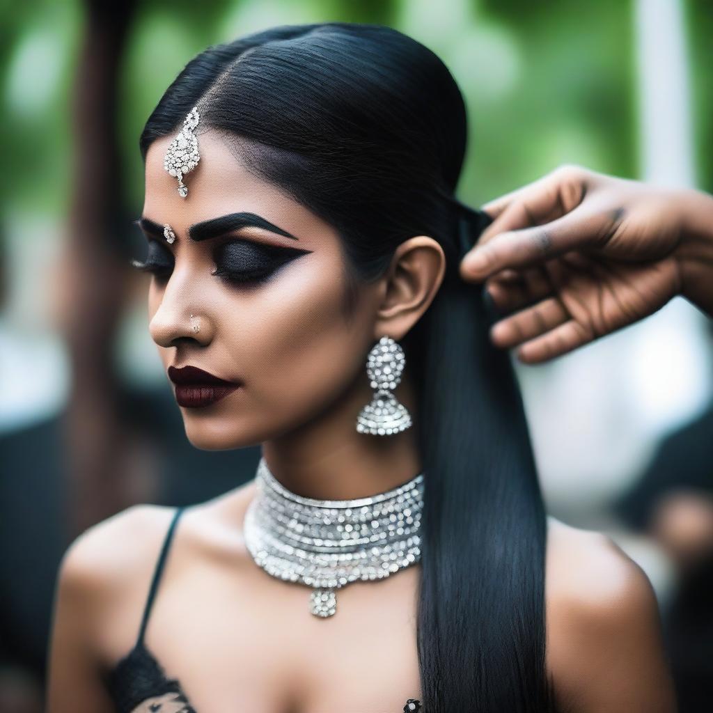 A gothic Indian woman with dark makeup and traditional jewelry is being forced to get a sleek back haircut